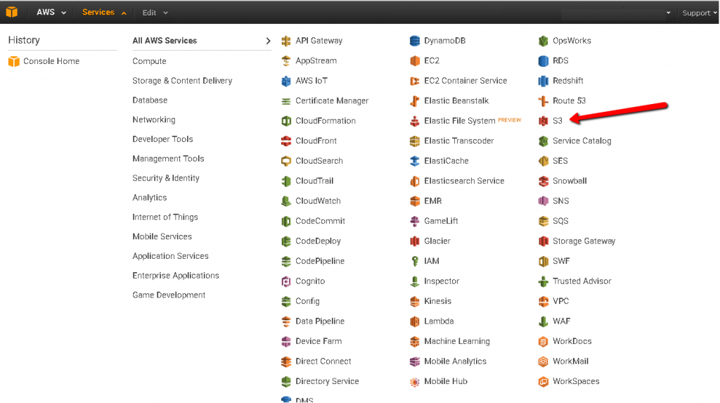 Navigate to S3 from the services menu