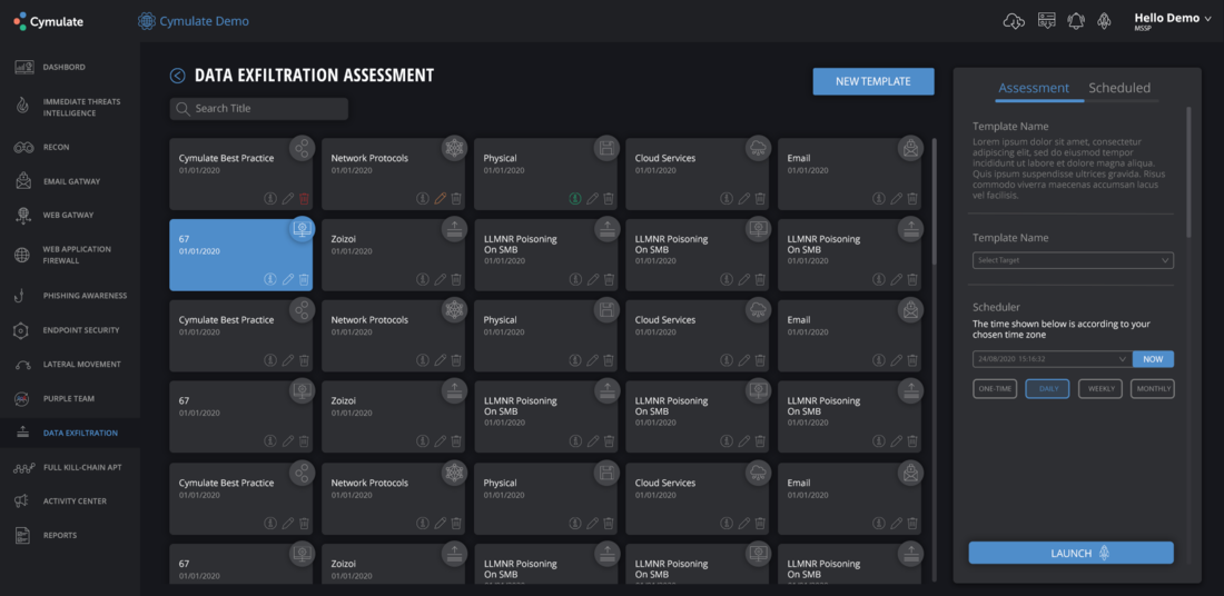 Screenshot of Cymulate’s data exfiltration assessment dashboard